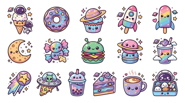 Kawaii space food stickers set, cute galaxy dessert icons with 15 vector elements, pastel aesthetic celestial snacks for planners and scrapbooking