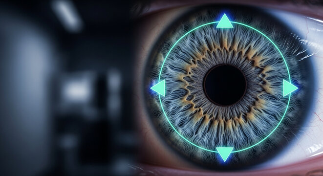 Close up of human iris with digital retinal scan overlay