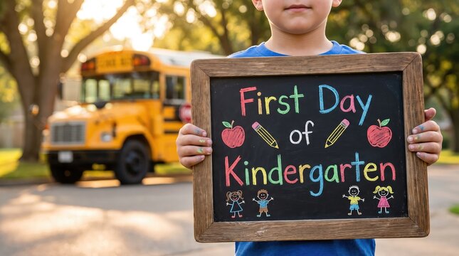 A young child holding a chalkboard sign for the first day of school near a bus to celebrate happy teachers day