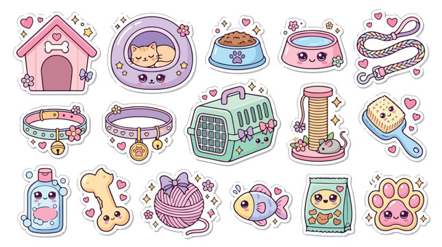 Kawaii pet shop sticker set, cute pastel animal care accessories vector collection, 15 cartoon pet supplies icons for planners and scrapbooking