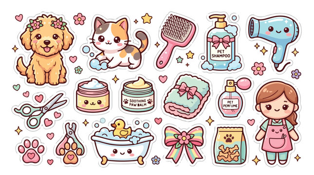 Kawaii pet grooming sticker set, cute cartoon dog and cat spa elements, pastel animal salon vector collection for scrapbooking and planners