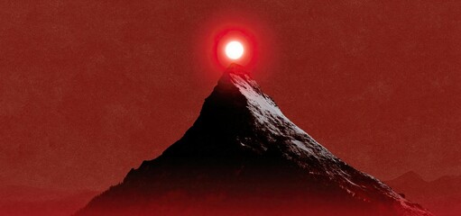Obraz premium Snowy mountain peak silhouette under a glowing moon with a deep red festive background.