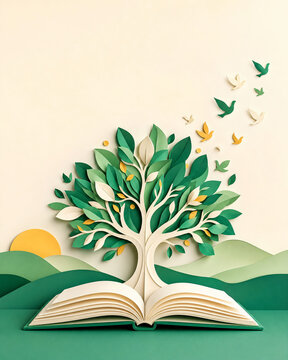 Tree of Knowledge Growing from Open Book Layered Paper Art for International Literacy Day 2026