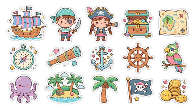 Kawaii pirate sticker set with 15 cute cartoon icons, nautical adventure elements for kids, adorable pirate ship and treasure chest vector collection