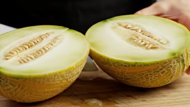 Hand cutting fresh cantaloupe melon on wooden kitchen board