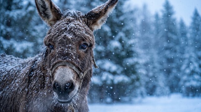 Macro Close Up Portrait of donkey Covered in Winter Snowflakes, Frosty Cold Weather Animal