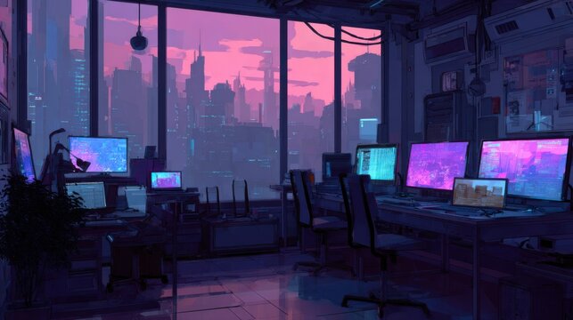 Cyberpunk computer lab with multiple monitors displays abstract data visualizations. Room has neon lighting

