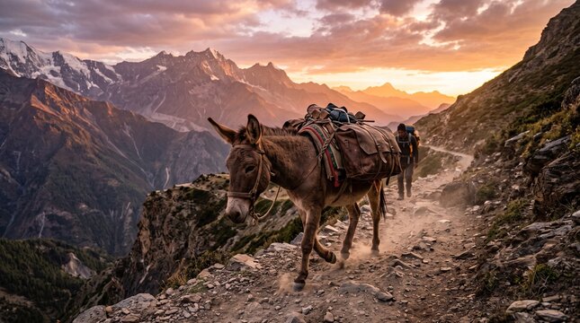 Pack donkey Carrying Equipment on Steep Mountain Ridge at Sunset, Wilderness Travel Asset