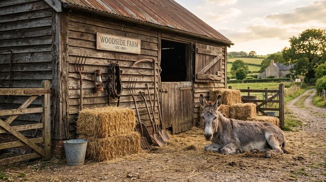 Rustic Farm Barn with donkey Resting Beside Hay Bales, Rural Farmyard Agriculture Scene