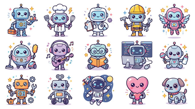 Set of 15 Cute Cartoon AI Robot Characters Vector isolated PNG with Transparent Background