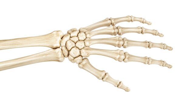 Human hand skeleton anatomy showing wrist bones fingers and joint structure detailed medical view isolated on white background