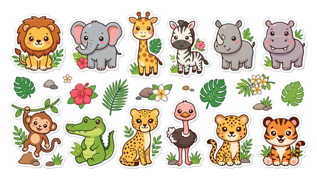Set of 10 Cute Cartoon Baby Safari Animals Vector Stickers isolated PNG with Transparent Background