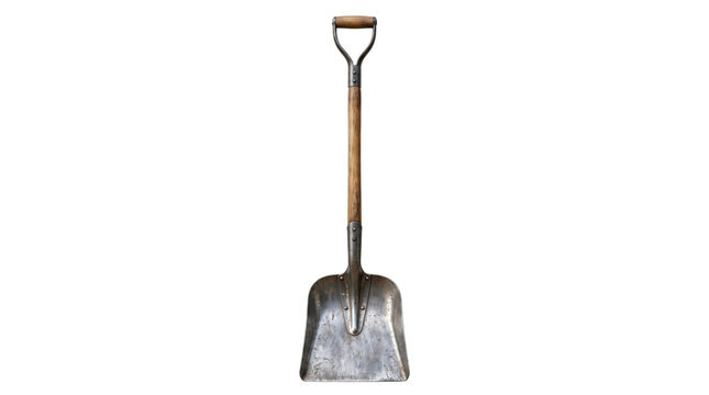 Vintage metal shovel with wooden handle, antique garden spade tool on white background, rustic coal shovel for industrial or farming concepts