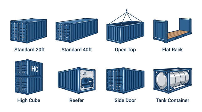 Blue shipping container types set, 8 isometric cargo container icons including reefer and high cube, industrial freight transport vector illustrations