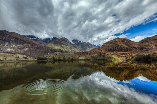 A sacred mountain lake Lohan Tso in Himalayas. Nubra valley, Ladakh, Jammu and Kashmir, India