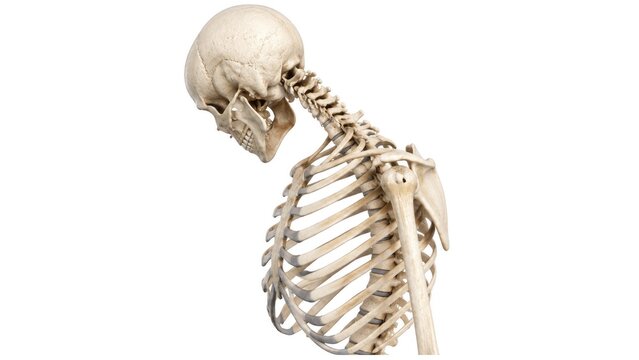 Human skeleton side view showing skull spine and rib cage anatomy with detailed bones structure isolated on white background