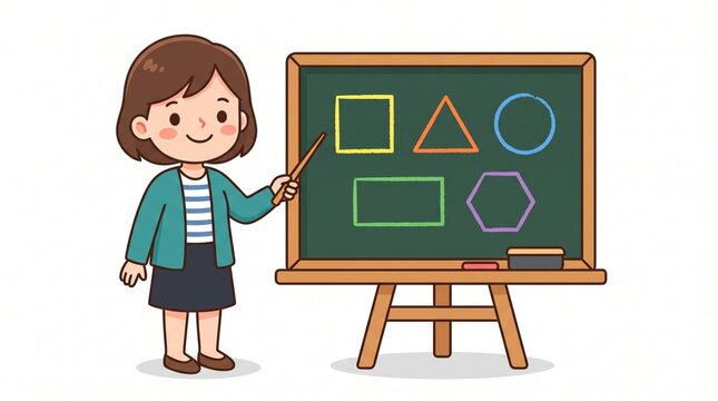Female teacher pointing at geometric shapes on a chalkboard, simple educational vector illustration