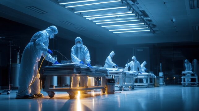 Scientists performing cleaning and disinfection procedures in a laboratory. Team full protective gear meticulously cleaning disinfecting laboratory equipment surfaces to maintain sterile conditions