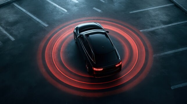 Top view of modern black car parked in empty lot surrounded by red circular signal representing advanced sensor technology and safety system in dark environment
