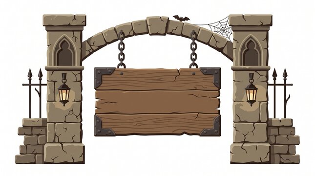 Spooky gothic stone archway with blank wooden sign hanging on chains, halloween monument decoration on white background