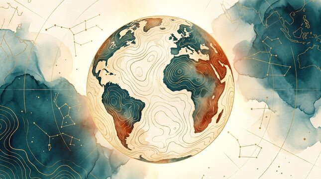 Vintage watercolor world globe illustration, celestial earth map with constellations, antique style planet earth with topographic lines and stars