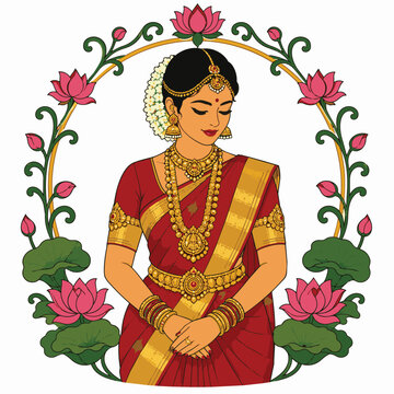 Traditional Maharashtrian Bride in Paithani Saree Flat Vector Illustration