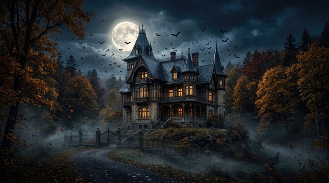 Eerie Victorian haunted mansion in colorful autumn woods under a full moon
