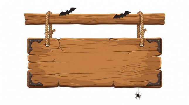 Halloween wooden sign board hanging on ropes with bats and spider, blank textured wood plank banner isolated on white background