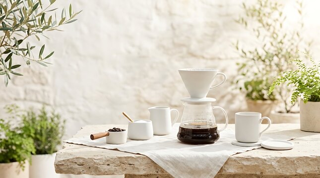 Fresh pour over coffee setup on a wooden table with green plants in a bright sunny morning. patio coffee station