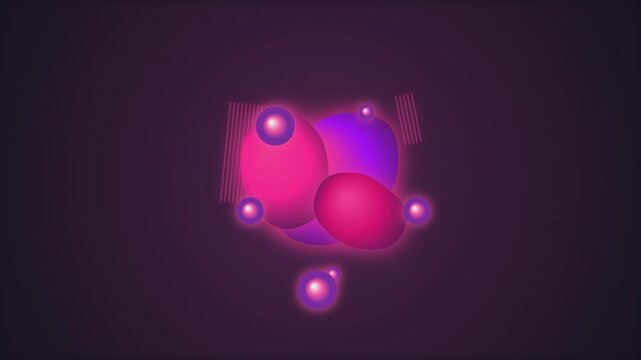 Abstract dynamic motion background featuring glowing pink purple fluid liquid shapes and floating spheres in constant slow orbital rotation loop.