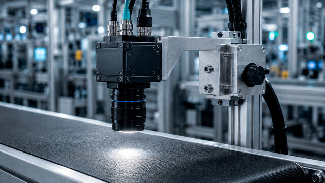 Industrial camera mounted over conveyor belt for quality control. Automated vision system for product inspection in smart factory. Modern manufacturing technology and precision engineering.