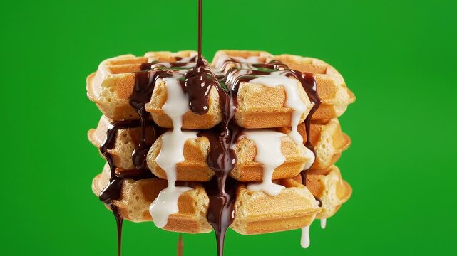 Decadent chocolate cream dripping over stacked golden waffles on vibrant green background