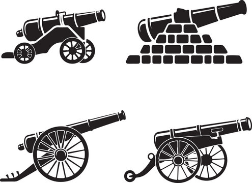Four black silhouette graphics of historical cannons, representing warfare, military history, and artillery.