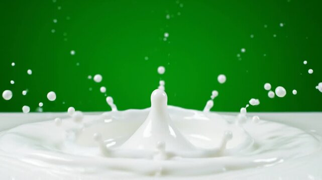 Creamy white milk splash forming a dynamic crown shape against a green background