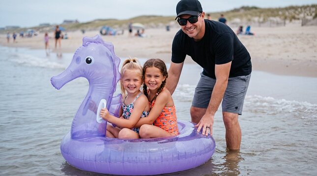 Smiling father with two young daughters riding inflatable seahorse float at the beach
