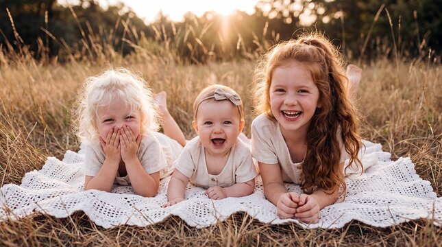 Three laughing sisters lying together on blanket in golden field for sibling bonding