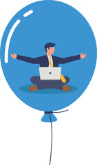Naklejka premium Businessman sitting inside large blue balloon holding laptop computer