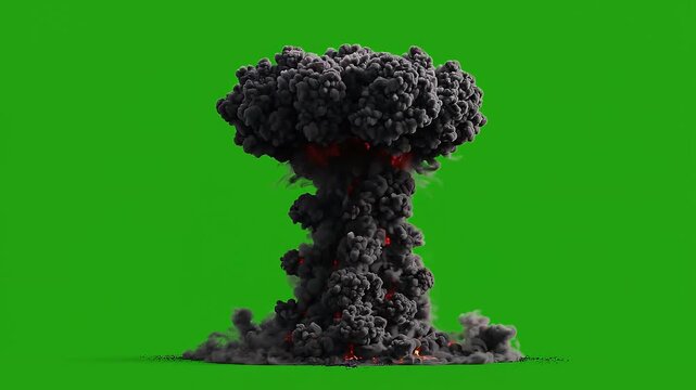 Massive fiery mushroom cloud explosion with green screen background for cinematic effects