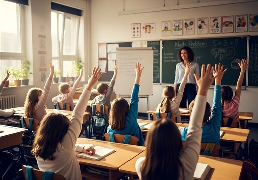 Elementary School Children Raising Hands to Answer Math Problem in Classroom