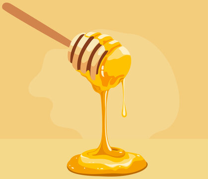 Honey dripping from a wooden spoon, illustration for food packaging, advertising banners or culinary blogs