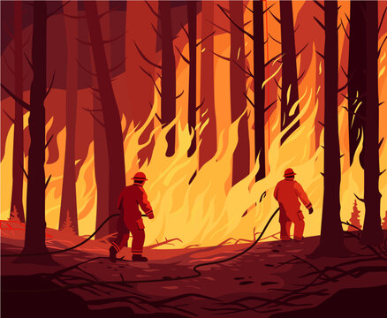 firefighters fighting a forest fire. fire in the forest, illustration showing the danger of fires
