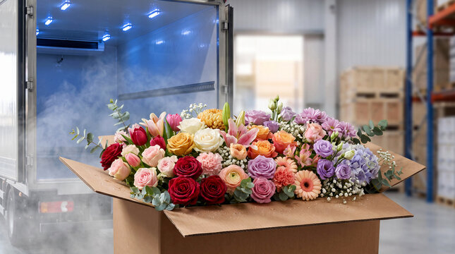 Fresh Mixed Flower Bouquet in Shipping Box at Refrigerated Truck During Cold Chain Logistics and Floral Distribution