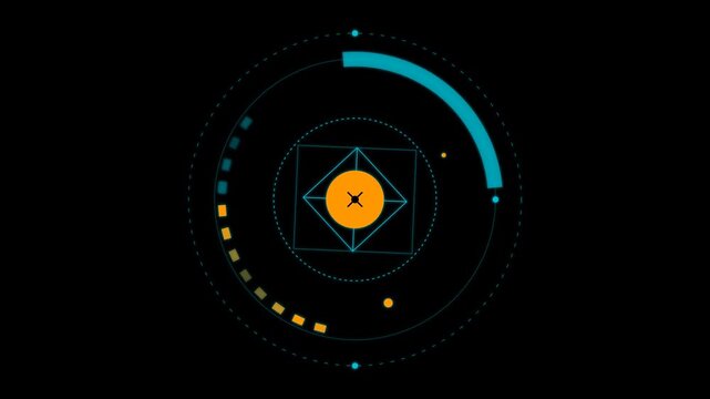 Futuristic Digital Interface with Rotating Elements and Central Target on Black Background.