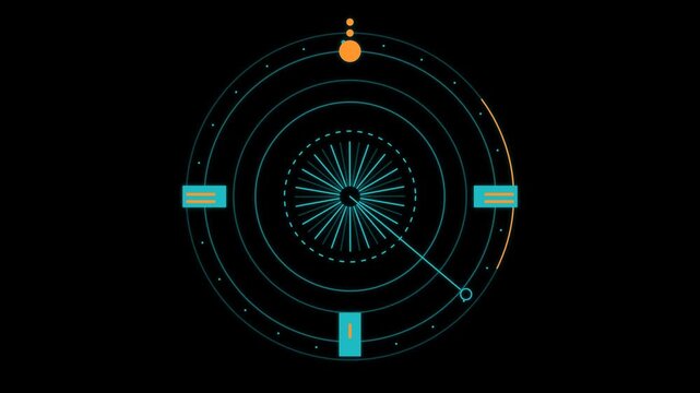 Futuristic HUD Interface with Rotating Elements and Data Display on Black Background.