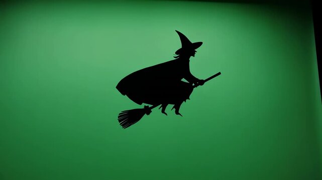 Silhouette witch flying on broomstick against glowing green background with subtle cinematic motion