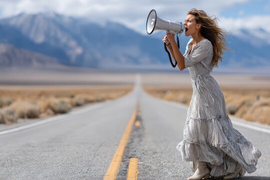 Woman in a flowing dress passionately speaks into a megaphone on a deserted highway