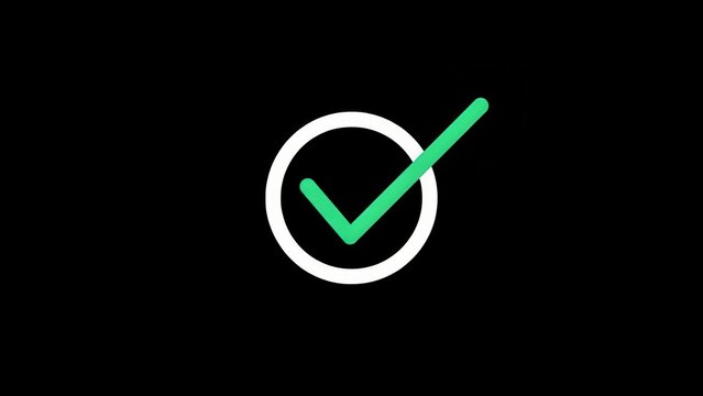 A green checkmark icon inside a white circle on a black background. Symbolizes success, completion, and approval.