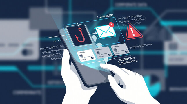 Mobile phishing scam and identity theft concept showing compromised credentials alert on smartphone interface