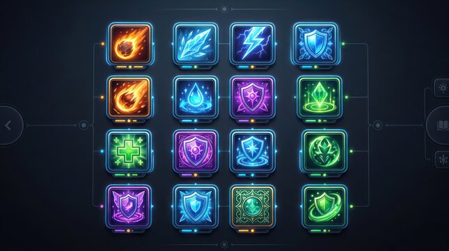 Collection of Fantasy Game Skill Icons with Elemental and Magical Themes.
