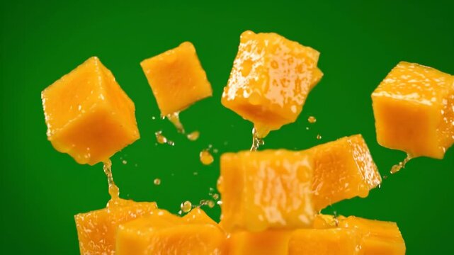 Fresh mango cubes floating outward on vibrant green background, tropical fruit explosion